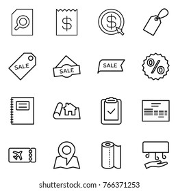 Thin line icon set : search document, receipt, dollar arrow, label, sale, percent, copybook, project, clipboard check, invoice, ticket, map, paper towel, hand dryer