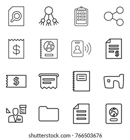 Thin line icon set : search document, share, clipboard, receipt, annual report, pass card, account balance, atm, copybook, slum, architector, documents, passport