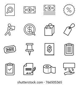 Thin line icon set : search document, money, percent, courier, dollar arrow, shopping bag, label, ticket, pin, tax, clipboard, check, inventory, toilet paper, hand dryer