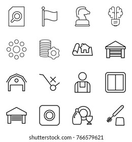Thin line icon set : search document, flag, chess horse, bulb brain, round around, virtual mining, project, garage, barn, do not trolley sign, workman, power switch, ring button, dish cleanser