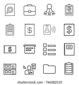Thin line icon set : search document, portfolio, share, report, clipboard, receipt, pass card, atm, list, copybook, modular house, architector, documents