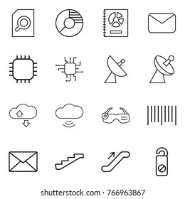 Thin line icon set : search document, circle diagram, annual report, mail, chip, satellite antenna, cloude service, cloud wireless, smart glasses, bar code, stairs, escalator, do not distrub