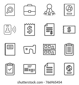Thin line icon set : search document, portfolio, share, annual report, pass card, receipt, account balance, copybook, slum, modular house, clipboard, check, invoice, passport