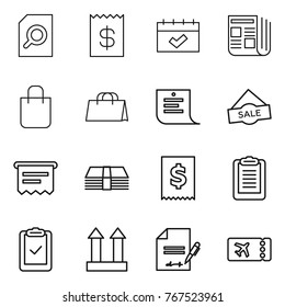 Thin line icon set : search document, receipt, calendar, newspaper, shopping bag, list, sale, atm, money, tax, clipboard, check, cargo top sign, inventory, ticket