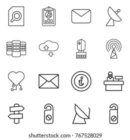 Thin line icon set : search document, report, mail, satellite antenna, server, cloude service, crystall memory, cardio chip, info, reception, signpost, do not distrub