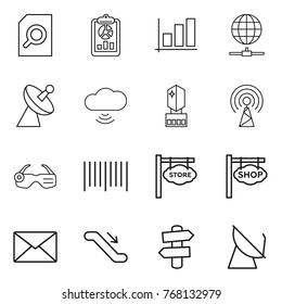 Thin line icon set : search document, report, graph, globe connect, satellite antenna, cloud wireless, crystall memory, smart glasses, bar code, store signboard, shop, mail, escalator, signpost