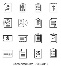 Thin line icon set : search document, report, clipboard, receipt, annual, pass card, account balance, atm, check, invoice, passport, list