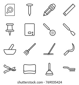 Thin line icon set : search document, nail, pencil, ruler, pin, kitchen scales, skimmer, spatula, mortar, fork, rake, sickle, pruner, sponge, plunger, brush