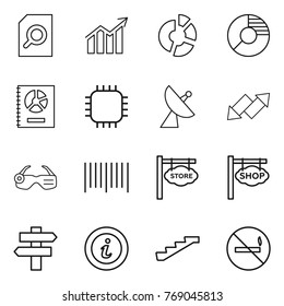 Thin line icon set : search document, diagram, circle, annual report, chip, satellite antenna, up down arrow, smart glasses, bar code, store signboard, shop, singlepost, info, stairs, no smoking