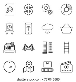Thin line icon set : search document, dollar, gear, circle diagram, presentation, phone wireless, cloud, basket, cashbox, bridge, skyscrapers, stairs, clock, map, transporter tape, credit card