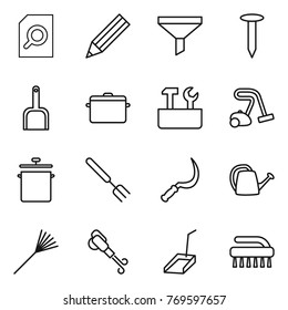 Thin line icon set : search document, pencil, funnel, nail, scoop, pan, repair tools, vacuum cleaner, big fork, sickle, watering can, rake, blower, brush