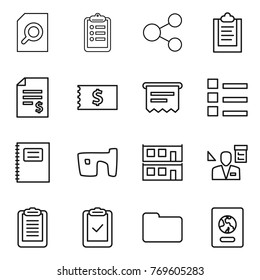 Thin line icon set : search document, clipboard, share, account balance, receipt, atm, list, copybook, slum, modular house, architector, check, documents, passport