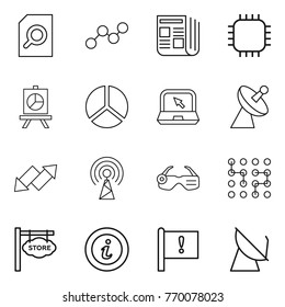 Thin line icon set : search document, graph, newspaper, chip, presentation, diagram, notebook, satellite antenna, up down arrow, smart glasses, store signboard, info, important flag