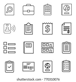 Thin line icon set : search document, portfolio, clipboard, annual report, pass card, receipt, account balance, list, copybook, modular house, check, invoice, passport