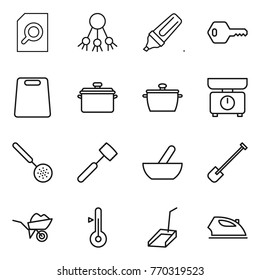 Thin line icon set : search document, share, marker, key, cutting board, pan, kitchen scales, skimmer, meat hammer, mortar, shovel, wheelbarrow, thermometer, scoop, iron
