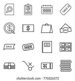Thin line icon set : search document, report, calendar, sale, dollar arrow, receipt, shopping bag, ticket, copybook, panel house, money, do not trolley sign, towels