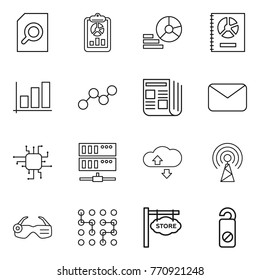 Thin line icon set : search document, report, diagram, annual, graph, newspaper, mail, chip, server, cloude service, antenna, smart glasses, store signboard, do not distrub