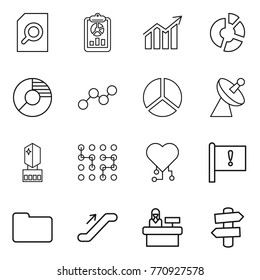 Thin line icon set : search document, report, diagram, circle, graph, satellite antenna, crystall memory, chip, cardio, important flag, documents, escalator, reception, signpost