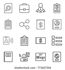 Thin line icon set : search document, portfolio, share, report, clipboard, receipt, annual, pass card, list, copybook, architector, invoice, passport