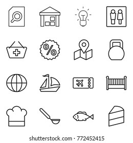 Thin line icon set : search document, warehouse, bulb, wc, add to basket, percent, map, heavy, globe, sail boat, ticket, crib, cook hat, ladle, fish, cake