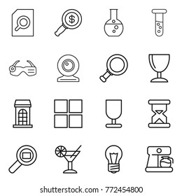 Thin line icon set : search document, dollar magnifier, round flask, vial, smart glasses, web cam, wineglass, building, window, fragile, sand clock, cargo, cocktail, bulb, coffee maker