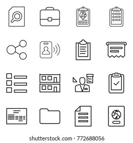 Thin line icon set : search document, portfolio, report, clipboard, share, pass card, atm receipt, list, modular house, architector, check, invoice, documents, passport