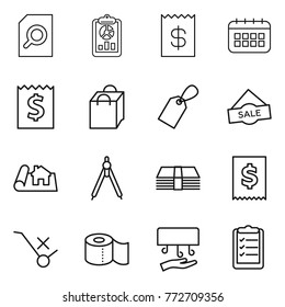 Thin line icon set : search document, report, receipt, calendar, shopping bag, label, sale, project, drawing compasses, money, tax, do not trolley sign, toilet paper, hand dryer, clipboard list