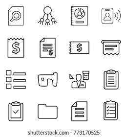 Thin line icon set : search document, share, annual report, pass card, receipt, account balance, atm, list, slum, architector, clipboard, check, documents