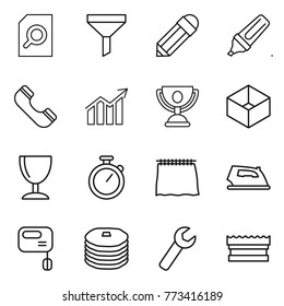 Thin line icon set : search document, funnel, pencil, marker, phone, diagram, trophy, box, wineglass, stopwatch, curtain, iron, mixer, pancakes, wrench, sponge
