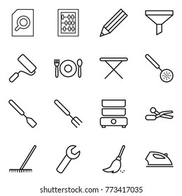 Thin line icon set : search document, abacus, pencil, funnel, repair, cafe, iron board, skimmer, spatula, big fork, double boiler, scissors, rake, wrench, broom