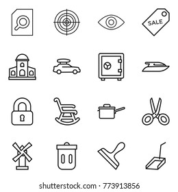 Thin line icon set : search document, target, eye, sale label, mansion, car baggage, safe, yacht, locked, rocking chair, saute pan, scissors, windmill, trash bin, scraper, scoop
