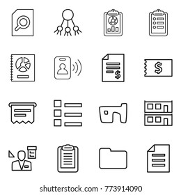 Thin line icon set : search document, share, report, clipboard, annual, pass card, account balance, receipt, atm, list, slum, modular house, architector, documents