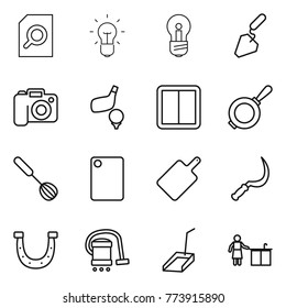 Thin line icon set : search document, bulb, construction, camera, golf, power switch, pan, whisk, cutting board, sickle, horseshoe, vacuum cleaner, scoop, kitchen cleaning