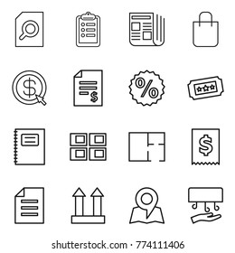 Thin line icon set : search document, clipboard, newspaper, shopping bag, dollar arrow, account balance, percent, ticket, copybook, panel house, plan, tax, cargo top sign, map, hand dryer