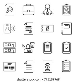 Thin line icon set : search document, portfolio, share, report, pass card, account balance, receipt, copybook, modular house, architector, clipboard, check, invoice, passport, list