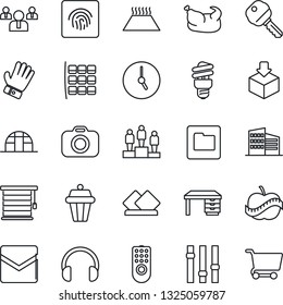 Thin Line Icon Set - seat map vector, pedestal, team, desk, glove, greenhouse, diet, package, camera, settings, headphones, clock, mail, folder, fingerprint id, office building, key, chicken, cart