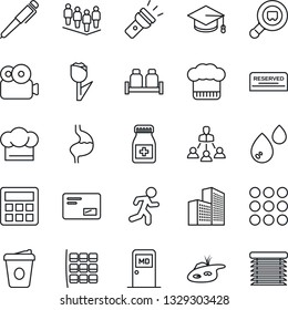 Thin Line Icon Set - seat map vector, medical room, team, graduate, coffee, pills bottle, run, stomach, tulip, search cargo, mail, menu, calculator, torch, video, office building, hierarchy, pen