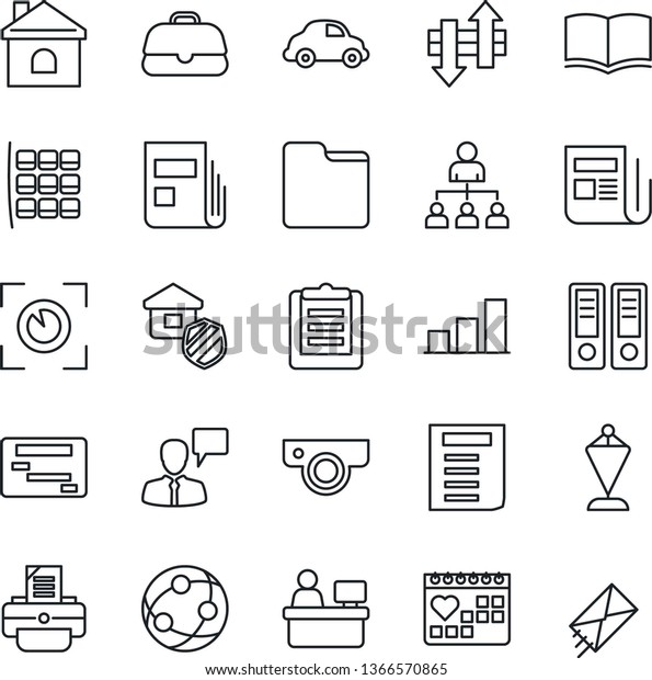Thin Line Icon Set - seat map vector, speaking
man, hierarchy, book, pennant, office binder, document, manager
place, printer, house, medical calendar, car delivery, clipboard,
news, network, folder