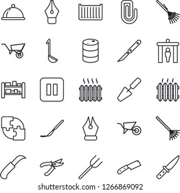 Thin Line Icon Set - security gate vector, trowel, farm fork, rake, wheelbarrow, pruner, garden knife, scalpel, cargo container, oil barrel, rack, pause button, application, paper clip, ink pen