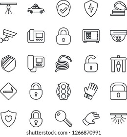 Thin Line Icon Set - security gate vector, smoking place, alarm car, safe, lock, glove, hose, heart shield, traffic light, protect, key, intercome, surveillance, sprinkler
