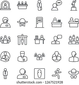 Thin Line Icon Set - security gate vector, male, reception, medical room, manager, pedestal, team, place, run, doctor, support, client, speaker, desk, meeting, dress code