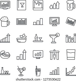 Thin Line Icon Set - security gate vector, growth statistic, monitor, barcode, equalizer, scanner, statistics, bar graph, alcohol, wine card, drink, cocktail, phyto, beer, salad, arrow up