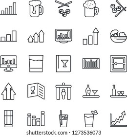 Thin Line Icon Set - security gate vector, growth statistic, monitor, barcode, equalizer, scanner, statistics, bar graph, alcohol, wine card, drink, phyto, beer, salad, sushi, arrow up