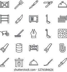 Thin Line Icon Set - security gate vector, safe, farm fork, rake, wheelbarrow, pruner, saw, hoe, garden knife, scalpel, cargo container, oil barrel, rack, application, paper clip, ink pen, dish