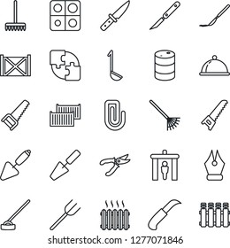 Thin Line Icon Set - security gate vector, trowel, farm fork, rake, pruner, saw, hoe, garden knife, scalpel, cargo container, oil barrel, application, paper clip, ink pen, heater, dish, ladle