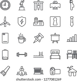 Thin Line Icon Set - security gate vector, female, pedestal, desk, presentation board, saw, barbell, pregnancy, clock, video camera, low battery, phone back, protect, coffee, drawing pin, bar graph