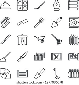 Thin Line Icon Set - security gate vector, trowel, farm fork, rake, wheelbarrow, hoe, scalpel, cargo container, oil barrel, rack, application, paper clip, ink pen, heater, dish, ladle, knife