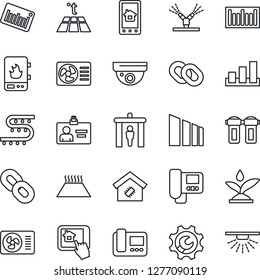 Thin Line Icon Set - security gate vector, identity card, drip irrigation, sorting, barcode, chain, root setup, air conditioner, smart home, water heater, intercome, control app, filter, warm floor