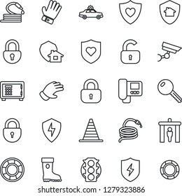 Thin Line Icon Set - security gate vector, alarm car, border cone, safe, lock, glove, boot, hose, heart shield, traffic light, protect, key, intercome, home, surveillance, crisis management