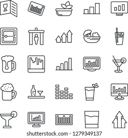 Thin Line Icon Set - security gate vector, statistic monitor, barcode, equalizer, scanner, statistics, bar graph, alcohol, wine card, drink, cocktail, phyto, beer, salad, arrow up